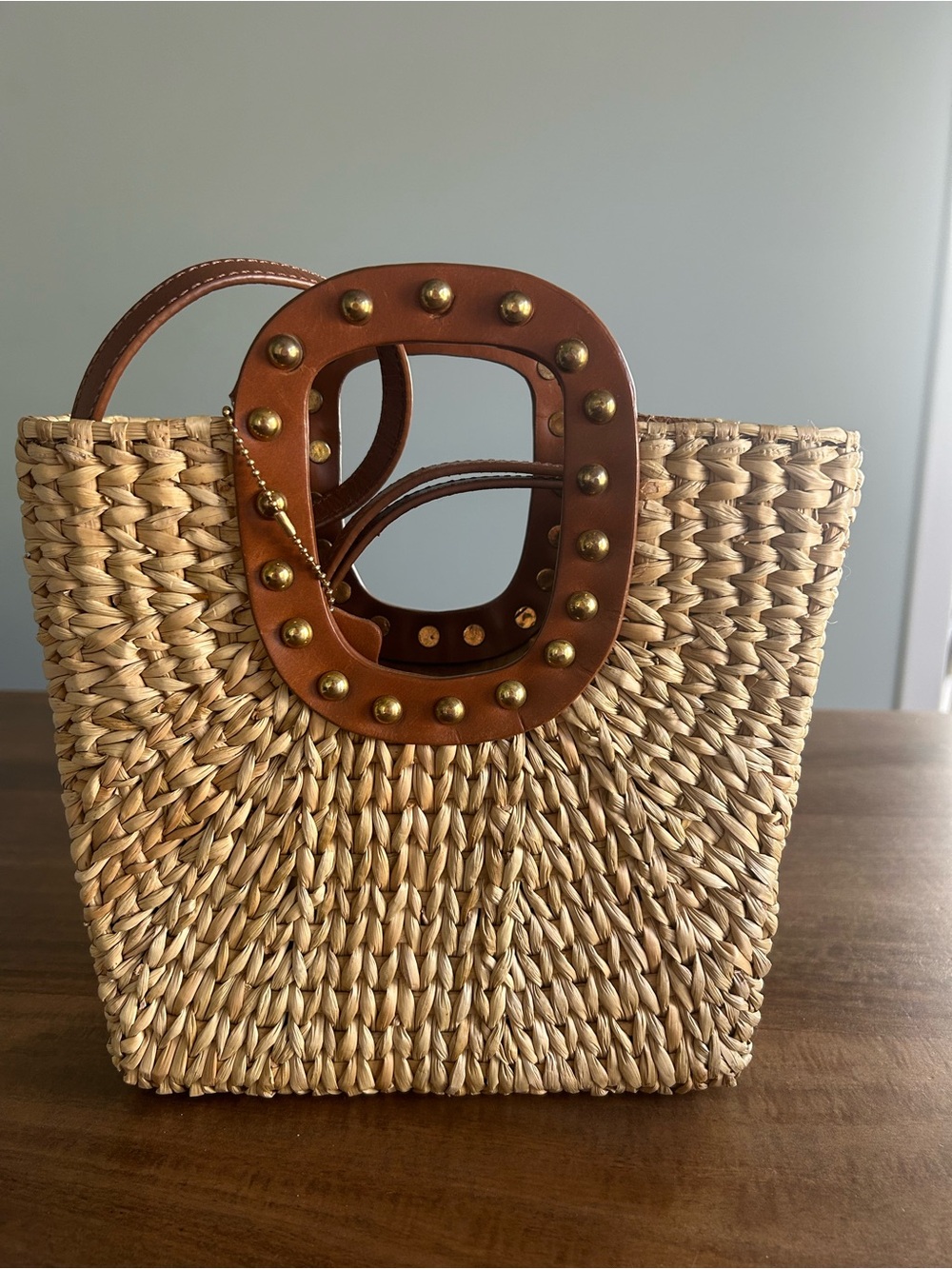 Woven Straw Shoulder Bag with Brown Studded Leather Handles